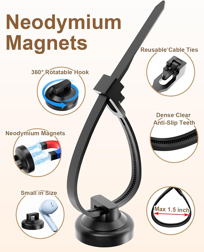 20 PCS Magnetic Zip Tie Mounts Base Neodymium Magnets & 60 Pcs Releasable Cable Zip Ties & 20 Pcs Zip Tie Saddle Type Mounts, Magnetic Cable Zip Tie Holders Base for Cable Wire(100 Pcs)
