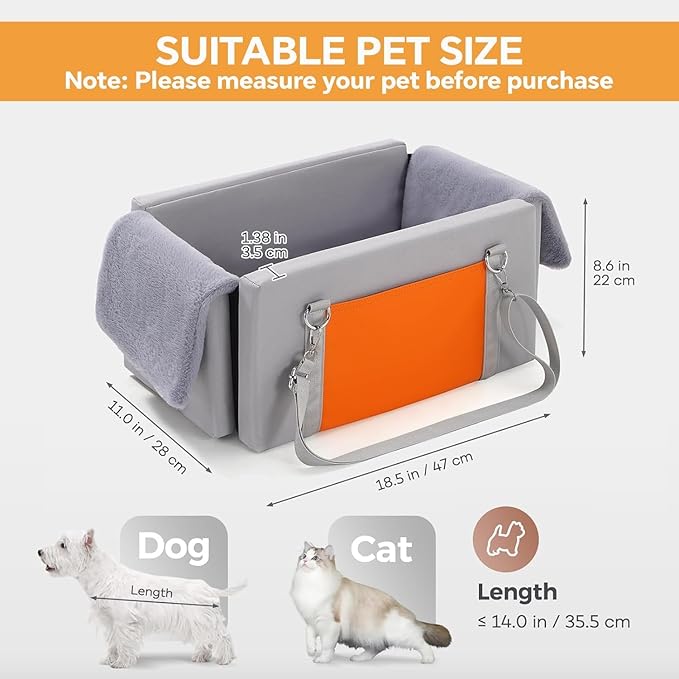 Avont Dog Car Seat for Small Dogs, Anti-Anxiety Center Console Booster Seat with Safety Straps, Soft Padded Travel Seat for Small Dogs & Cats up to 8 lbs -Light Grey