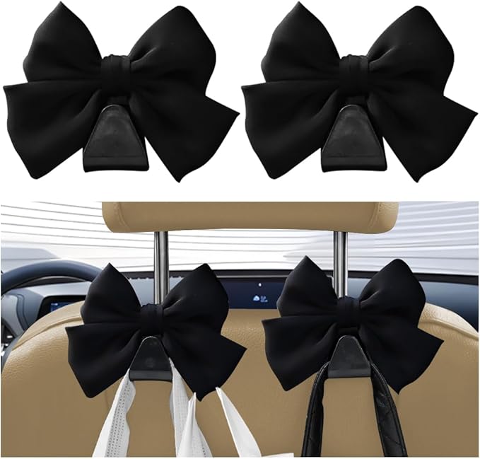 Car Seat Headrest Hook, 2PCS Cute Bow Knot Vehicle Seatback Hanging Storage Organizer, Seat Back Hanger for Purse Coat Umbrella, Universal Automotive Interior Decor Accessories (Black)