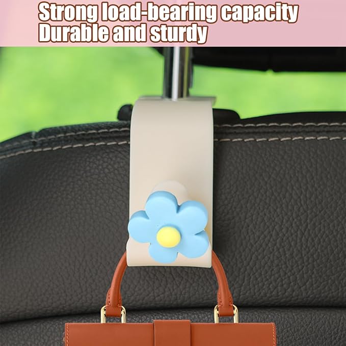4 PCS Car Headrest Hook, Multifunctional Flower Vehicle Seat Back Storage Hook, Cute Automotive Seatback Organizer Hanger for Purse Grocery Bag Handbag, Universal Fit (Beige/Blue)