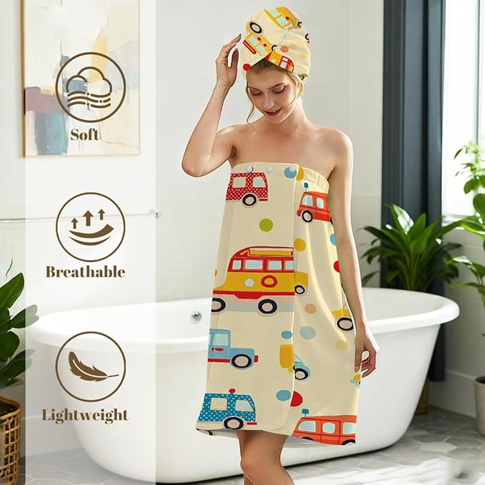 Women Bath Wrap Hair Towel Drying Cap Set Colored Cars Bus Polka Dot Soft Absorbent Bathrobe Shower Wraps with Adjustable Closure Spa Bath Robe
