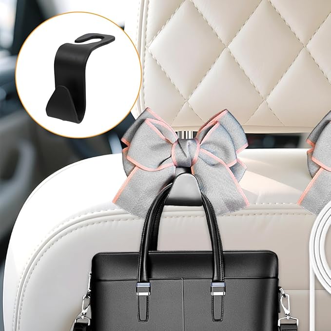 Cute Bow Car Seat Headrest Hooks, 2PCS Multifunctional Vehicle Rear Seat Hanging Hooks, Automotive Interior Seatback Storage Organizer for Purses Bag, Universal for SUV Sedan Truck (Gray Line)