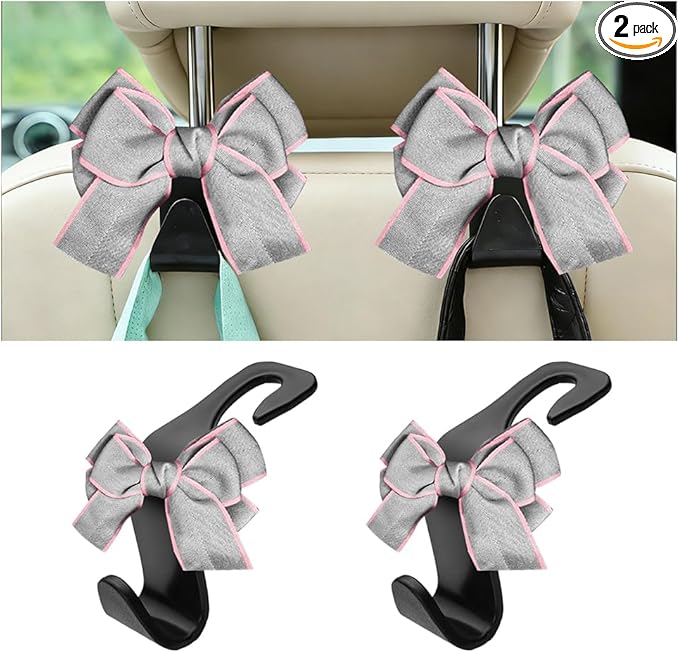 2PCS Car Seat Headrest Hooks, Cute Bow Vehicle Backseat Storage Hanger for Handbag Umbrella Coat, Automotive Seat Back Hook Holder Organizer Decor, Universal for Vehicles (Gray)