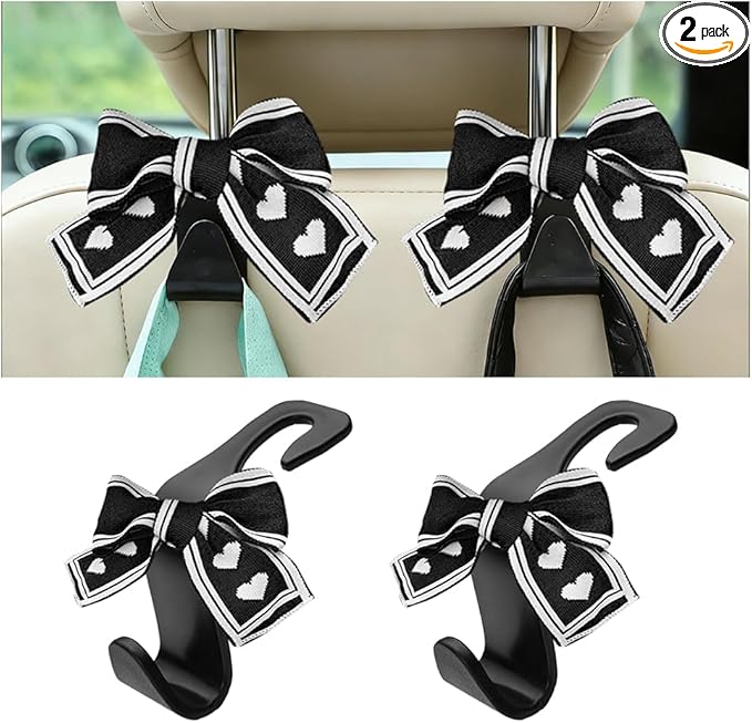 2PCS Car Seat Headrest Hooks, Cute Bow Vehicle Backseat Storage Hanger for Handbag Umbrella Coat, Automotive Seat Back Hook Holder Organizer Decor, Universal for Vehicles (Black/Beige)