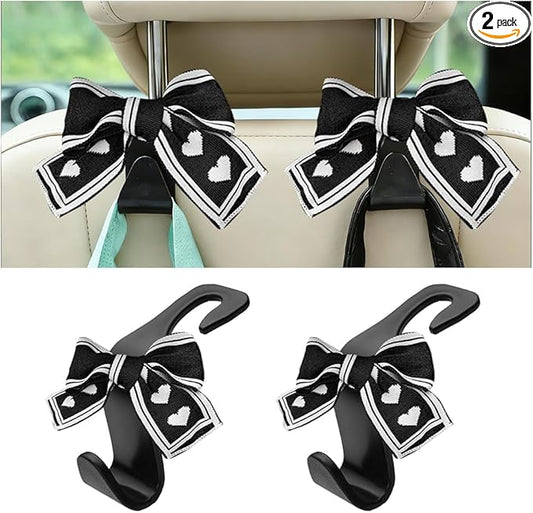 2PCS Car Seat Headrest Hooks, Cute Bow Vehicle Backseat Storage Hanger for Handbag Umbrella Coat, Automotive Seat Back Hook Holder Organizer Decor, Universal for Vehicles (Black/Beige)