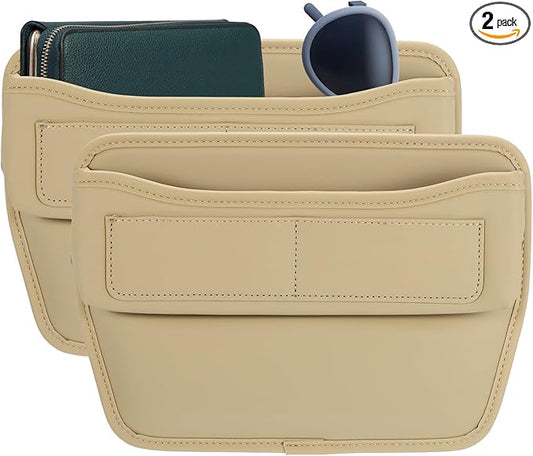 HARFINGTON 2pcs Car Seat Gap Filler Organizer 11.3 x 8 x 2.2 Inch Leather Universal Car Organizer Storage Box Between Seat and Console for Phone Sunglasses Keys, Beige