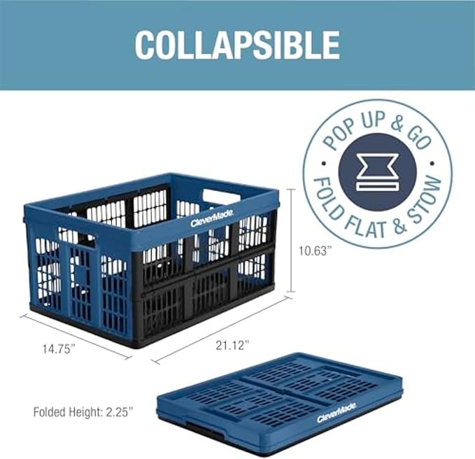 CleverMade Collapsible Utility Crates 45L (3 Pack) – Foldable Plastic Crates with Heavy Duty 66 lb Capacity, Collapsible Crates for Storage, Trunk Organization, Moving - Ocean