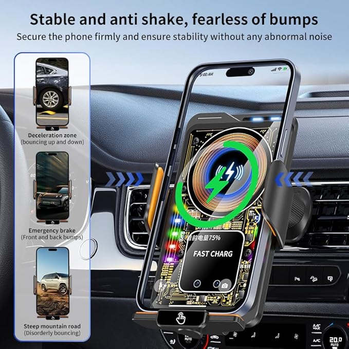 Wireless Car Charger & Phone Mount - 15W Auto-Clamping Air Vent Holder for iPhone 17/16/15/14, Samsung Galaxy S24/S23/S22, etc，66W High Power with Magnetic Suction Adapter (transparent white)