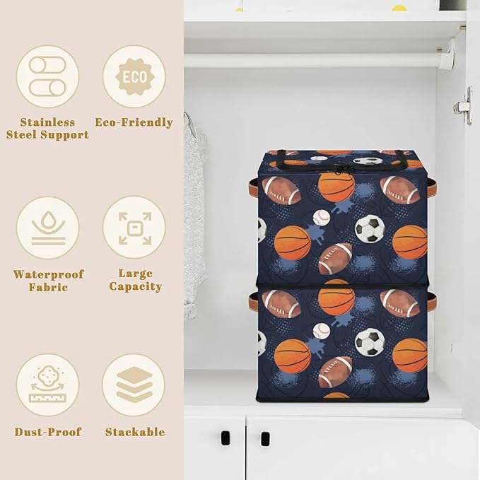 Large Toy Box Collapsible Storage Bins with Lids Closet Storage Baskets for Organizing Shelves Nursery Toy Storage Organizer Boxes for Kids, Boys, Girls (Navy Blue Sport Basketball Soccer)