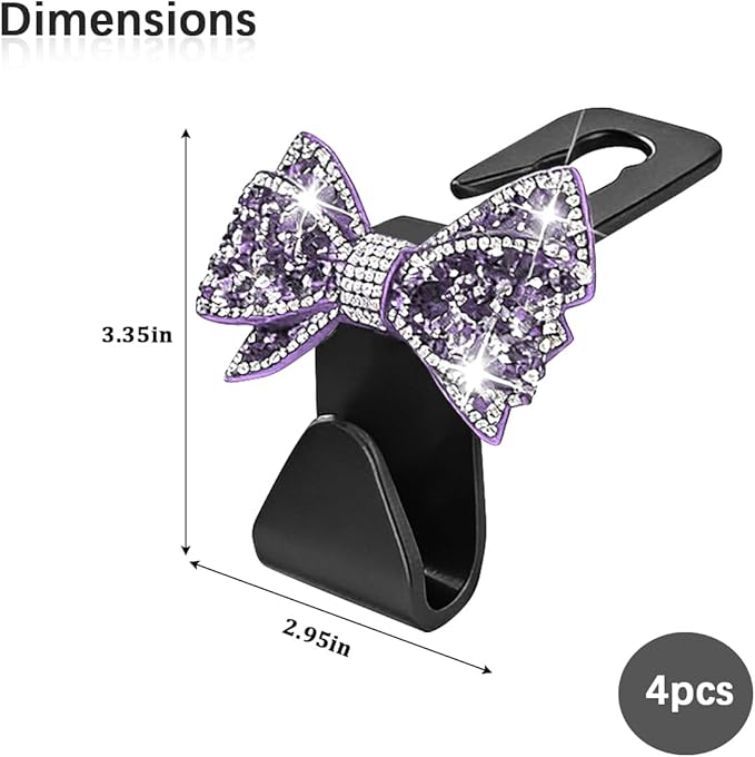 Zpana Bling Car Headreat Hook, 2PCS Crystal Rhinestone Cute Bow Vehicle Seat Back Hanger Storage for Purses Bags Grocery, Diamond Auto Rear Seat Organizer, Universal for SUV Truck Sedan (Purple)