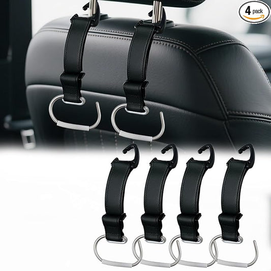 4Pcs Car Purse Hooks, Adjustable Leather Headrest Hooks for Car, Seat Back Organizer for Bags Purses (Black)