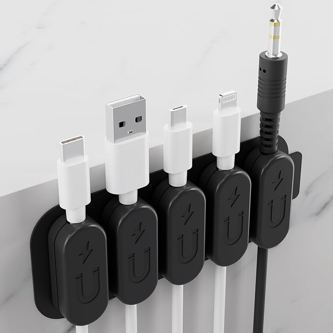 CHARGEWORX Pack of 5 Magnetic Cable Clips, Adhesive Cord Organizer for Desk, Nightstand, Wall or Car, Wire Holder for USB-C, Lightning and Micro-USB Cables, Black