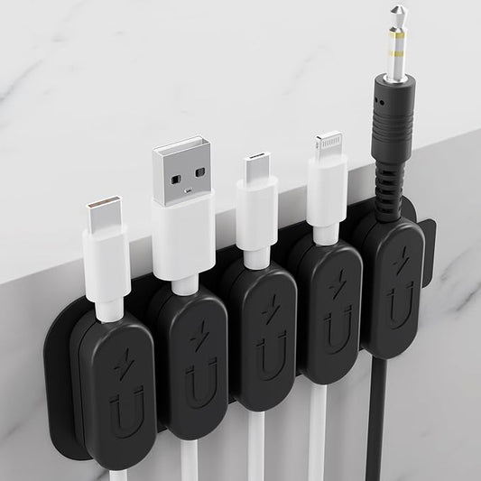 CHARGEWORX Pack of 5 Magnetic Cable Clips, Adhesive Cord Organizer for Desk, Nightstand, Wall or Car, Wire Holder for USB-C, Lightning and Micro-USB Cables, Black