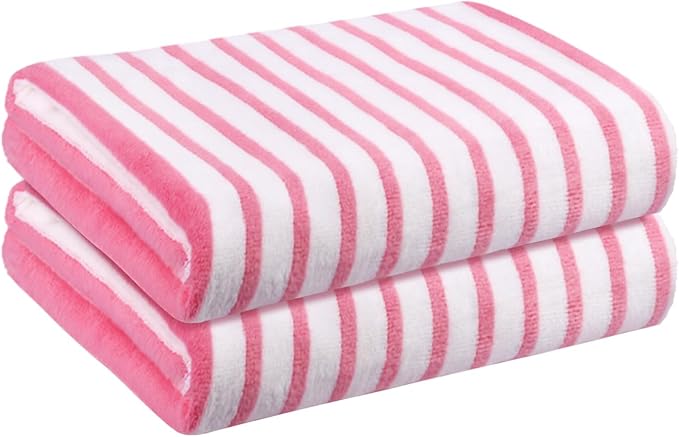 JML Microfiber Bath Towels Set, 2 Pack, 30" x 60", Absorbent Quick Drying Beach Towel Cabana Stripe for Adult, Travel, Summer, Sport, Swimming, Pool, Yoga, Camping, Microfiber StripePink
