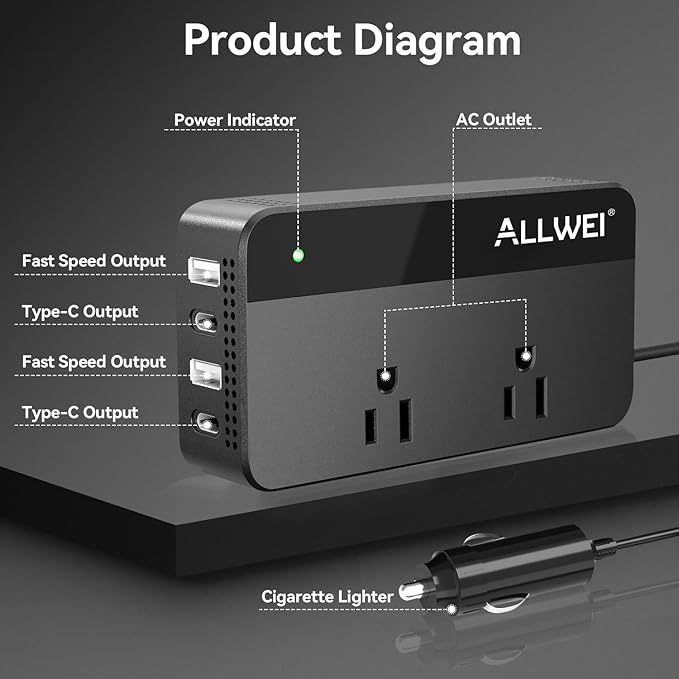 ALLWEI 200W Car Power Inverter, 12V DC to 110V AC Car Inverte with 4 USB Fast Charging Port(2xUSB A, 2xUSB C)- Car Charger Cigarette Lighter Adapter for Phone, Laptop and Small Devices on Road Trip