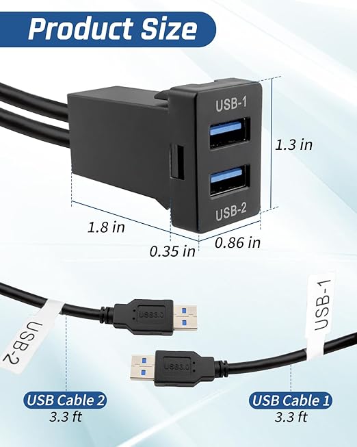 Dual USB 3.0 Car Dash Flush Mount Extension Cable, Length 3.3FT (1M) Fit for Toyota, Size 1.3"x0.86"x 2.15" (Type A)