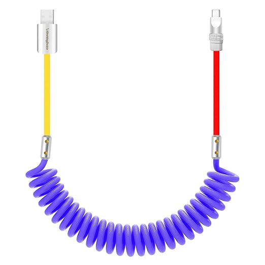chubbycable Curly Chubby 120W Coiled USB C Cable Retractable Fast Charging Cable for Car Charger Cord Compatible with iPhone 17-15 Series, Drak Blue+Yellow+Red, USB-A to Type-C, 2.29FT-3.6FT