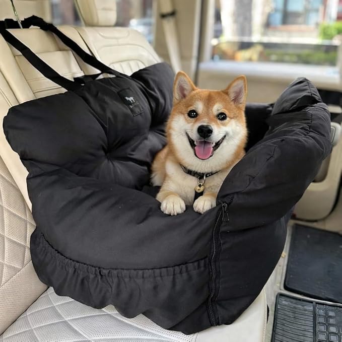 JACKO & CO Premium Medium Dog Car Seat – Safe & Cozy Travel Bed for Small & Med Dogs, Puppies, Pets under 40lbs, Clip-On Leash, Side Pockets, Water-Resistant, Machine Washable (Black Medium (25-40lbs)