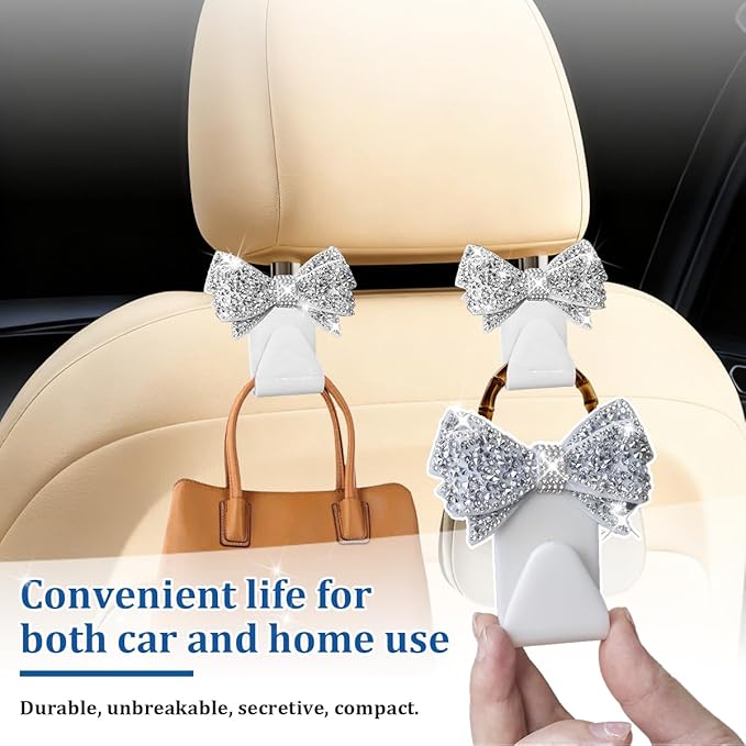 2PCS Bling Bow Car Seat Headrest Hook, Lovely Crystal Rhinestone Back Seat Storage Organizer for Handbag Purse Coat, Girly Sparkling Diamond Backseat Bag Hanger Holder, Universal Fit (White)