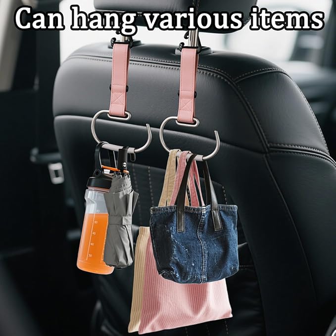 2Pcs Car Purse Hooks, Adjustable Leather Headrest Hooks for Car, Seat Back Organizer for Bags Purses (Pink)