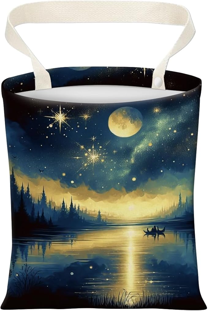 Cute Car Trash Can, Hanging Canvas Car Back Seat Organizer and Storage Bag, Funny Car Trash Bag for Travelling, Outdoor Night Lake Reflection Pattern