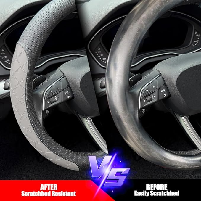 LKWLIKEI Nappa Leather Steering Wheel Cover,Elegant Diamond Checkered Design, Non-Slip wear-Resistant, Enhance Driving Comfort, Suitable for Steering Wheel Diameter 14 1/2‘-15’ Models.Black Gray