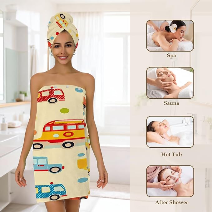 Women Bath Wrap Hair Towel Drying Cap Set Colored Cars Bus Polka Dot Soft Absorbent Bathrobe Shower Wraps with Adjustable Closure Spa Bath Robe