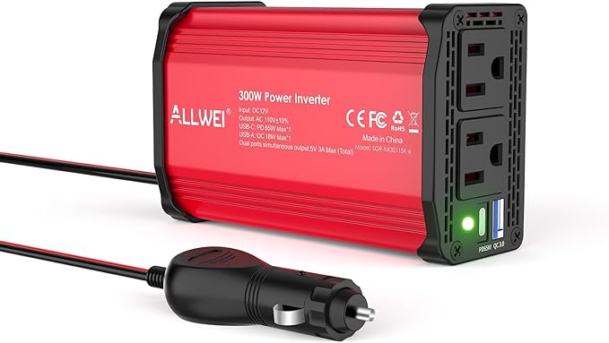 ALLWEI 300W Power Inverter DC 12V to 110V AC, Compact Car Plug Adapter Outlet with 65W PD USB-C &18W USB-A Fast Charging, Cigarette Lighter Adapter Car Charger for Phone, Laptop on Road Trip - Red