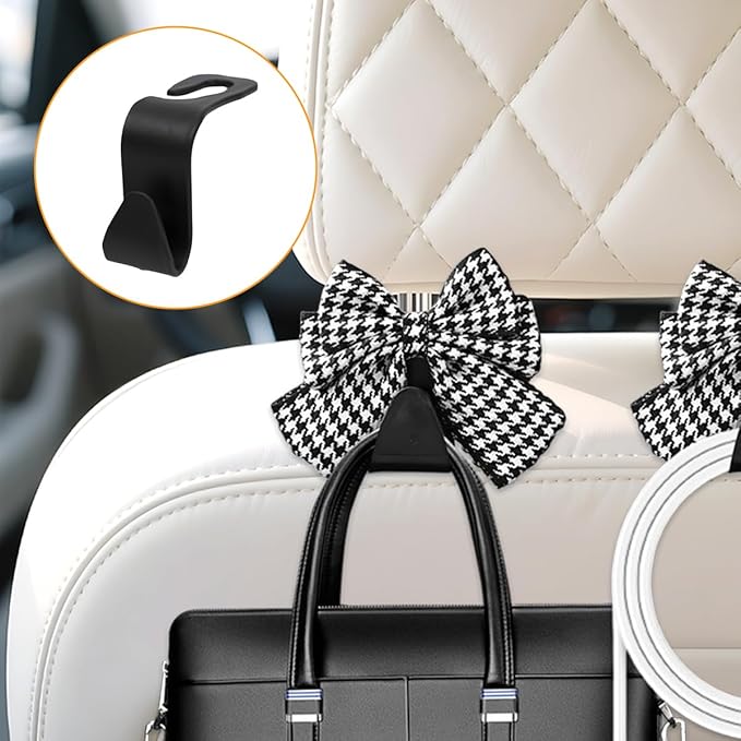 Cute Bow Car Seat Headrest Hooks, 2PCS Multifunctional Vehicle Rear Seat Hanging Hooks, Automotive Interior Seatback Storage Organizer for Purses Bags, Universal Fit (Black/Houndstooth)