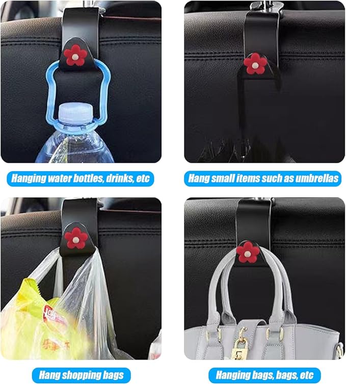BESULEN Car Seat Headrest Hook, 4PCS Vehicle Seatback Organizer Hanger, Auto Seat Back Storage Hook for Grocery Bag Purse Handbag Umbrella, Universal Interior Accessories for Most Cars (Red)