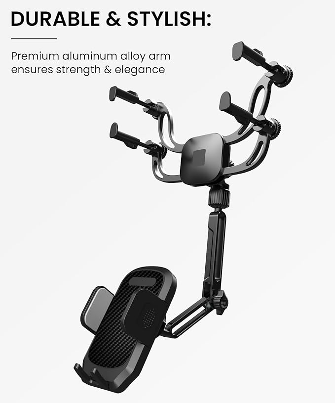 Rear View Mirror Phone Holder – Solid Metal Arm Car Phone Mount, Universal Fit for iPhone & Android, Foldable 360° Rotation Clip, Sleek Hands-Free Design Stable Mount for Navigation & Calls