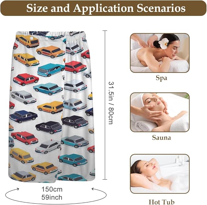Women's Bath Wrap Colorful Cars Pattern Print Absorbent Shower Spa Body Bath Robe Wraps Bathrobe Towel with Adjustable Closure