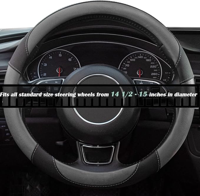 Xizopucy Steering Wheel Covers Gray Universal Microfiber Leather, Suitable for 14 1/2-15 inch Car Steering Wheel Cover, Breathable, Anti Slip & Odor