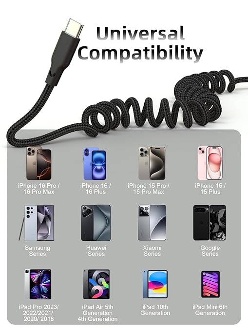 Quickeep Car Carplay Cable 2Pack 3ft Coiled USB A to USB C Fast Charge Cord for iPhone 17/16/15/Plus/Pro Max/MacBook Pro, Auto Coiled Retractable iPhone Car Cord