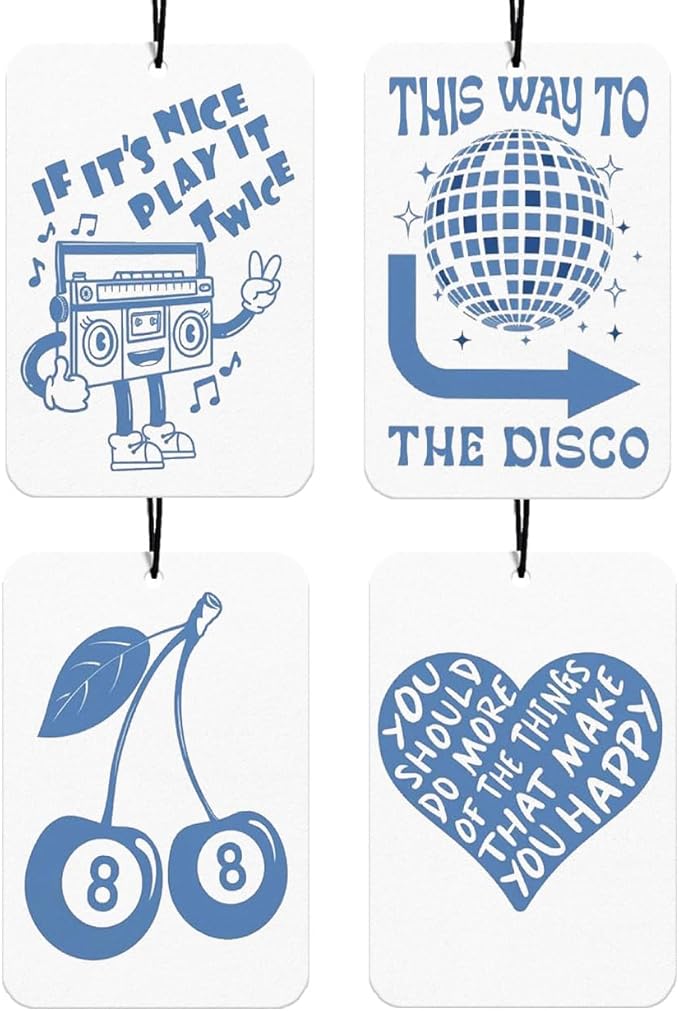 Preppy Retro Blue Car Air Freshener 4Pcs, Disco Ball 8 Cherry Car Interior Accessories Hanging, Vintage Heart Girly Rear View Mirror Decor Inspirational Cars Accessories for Women Girls(Vanilla)