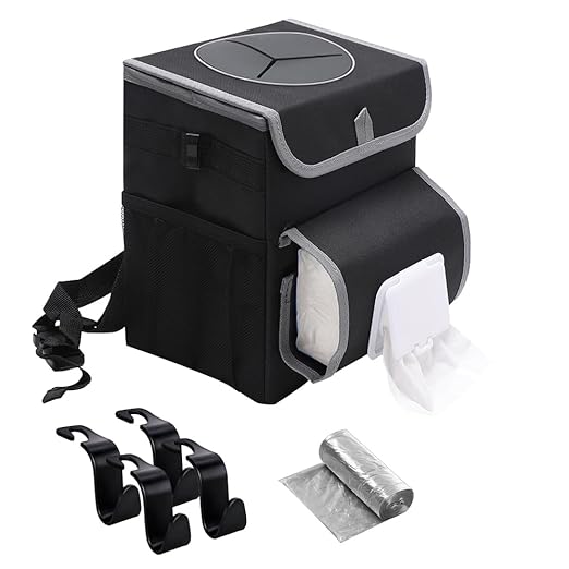 upra Car Trash Can with Lid Leakproof,Bag Hanging Storage Pockets,Adjustable Tissue Holder & Straps Garbage Bin, Portable Auto Trash Bag Holder for Road Trip, Kids, Dog Owners