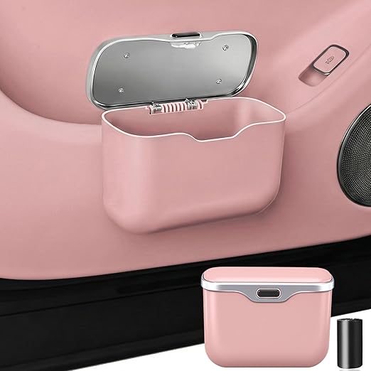 Car Trash Can with Lid - Leakproof Hanging Car Garbage Bin for Door & Seat Back - Waterproof Auto Trash Bag & Multifunctional Storage Organizer for SUV, Truck, Sedan (Pink)