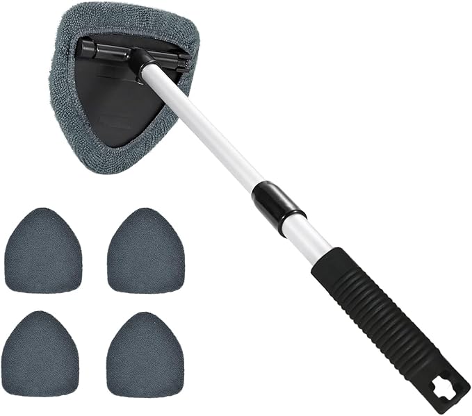 Windshield Cleaning Tool, Car Window Cleaner, Windshield Cleaner with 4 Washable Reusable Microfiber Pads and Extendable Handle, Auto Glass Wiper Cleaning Kit Universal for Car (Gray)