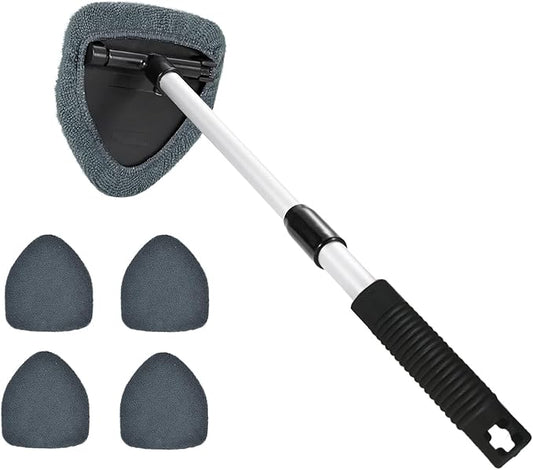 Windshield Cleaning Tool, Car Window Cleaner, Windshield Cleaner with 4 Washable Reusable Microfiber Pads and Extendable Handle, Auto Glass Wiper Cleaning Kit Universal for Car (Gray)