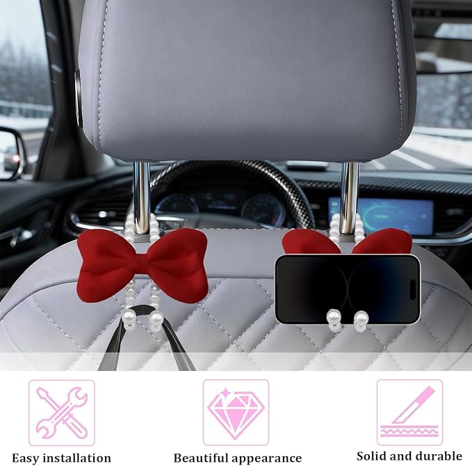 Car Seat Headrest Hook, 2PCS Elegant Bow Pearl Cute Vehicle Back Seat Hanger Hook, Automotive Headrest Storage Organizer for Handbag Purse Coat, Universal for SUV RV Truck (Red)