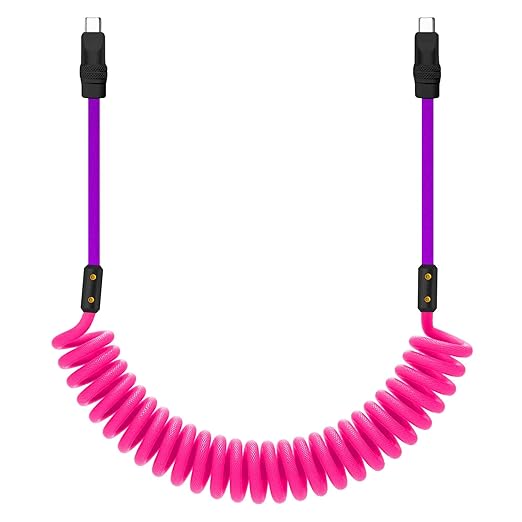 chubbycable Curly Chubby 240W Coiled USB C Cable Retractable Fast Charging Cable for Car Charger Cord Compatible with iPhone 17-15 Series, Pink+Purple, Type-C to Type-C, 2.29FT-3.6FT