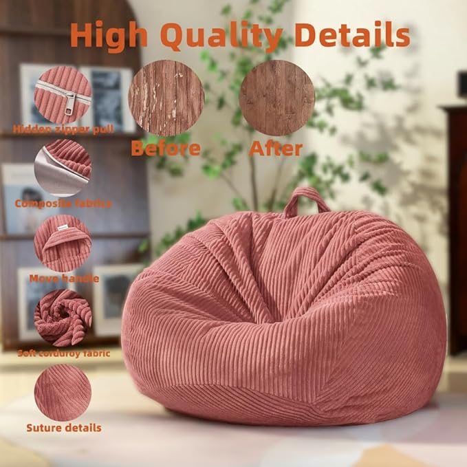 Stuffed Animal Storage Bean Bag Chair Cover (No Filler),Large Toy Storage Organizer & Comfy Kids Sofa Chair for Playroom, Teens Adults Toddler - Corduroy (Pink, Cover Only)