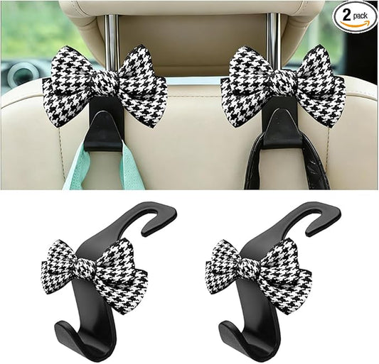 2PCS Car Seat Headrest Hooks, Cute Bow Vehicle Backseat Storage Hanger for Handbag Umbrella Coat, Auto Seat Back Hook Holder Organizer Decor, Universal for Vehicles (Small Black Houndstooth)