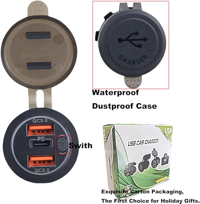 3 Ports 18W USB Car Charger with Switch, 12-24V Dual QC 3.0 USB & PD USB C Cigarette Lighter Socket Outlet, Dashboard Mount Quick Charge Charger for Car Motorcycle Truck Marine Boat,Blue Light