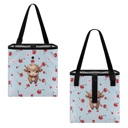 Car Trash Can Leak Proof Auto Trash Bag Hanging Vehicle Garbage Can Multipurpose Storage Container for Back Seat Car Accessories, Cherry Floral Highland Cattle Print