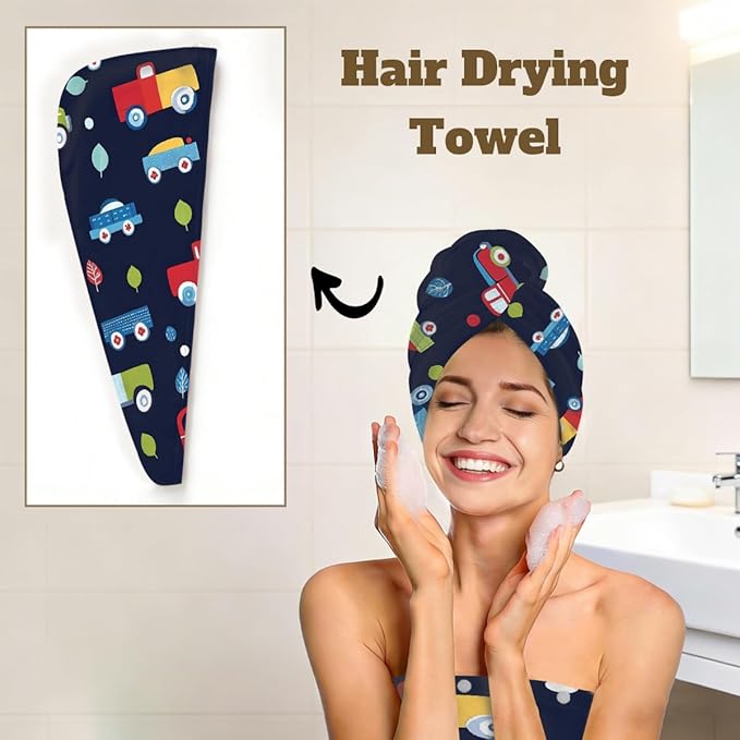 Women Bath Wrap Hair Towel Drying Cap Set Cartoon Trucks Cars Print Soft Absorbent Bathrobe Shower Wraps with Adjustable Closure Spa Bath Robe