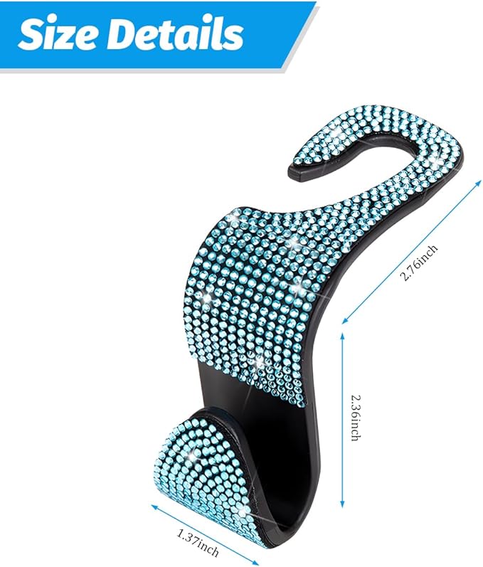 Zpana 4PCS Bling Car Seat Headrest Hooks, Vehicle Back Seat Purse Handbag Hanging Holder with Crystal Rhinestone, Diamond Storage Organizer Hook, Universal Automotive Accessories (Black/Blue)