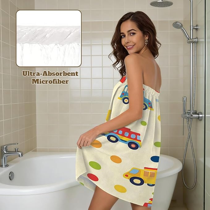 Women's Bath Wrap Cartoon Colorful Trucks Cars Absorbent Shower Spa Body Bath Robe Wraps Bathrobe Towel with Adjustable Closure