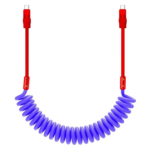 chubbycable Curly Chubby 240W Coiled USB C Cable Retractable Fast Charging Cable for Car Charger Cord Compatible with iPhone 17-15 Series, Blue+Red, Type-C to Type-C, 2.29FT-3.6FT
