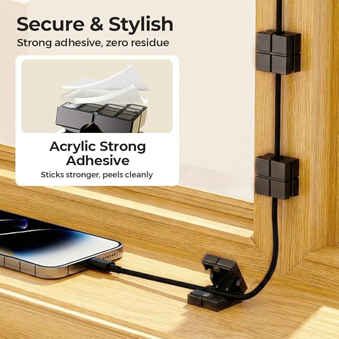 Magnetic Cord Organizer Holder, Upgrade Cord Holder for Nightstand, Adhesive Wire Cable Clips Management Kit for Phone Charger, Computer, Home, Office, Desk, Nightstand (Black-A, 6 Packs)